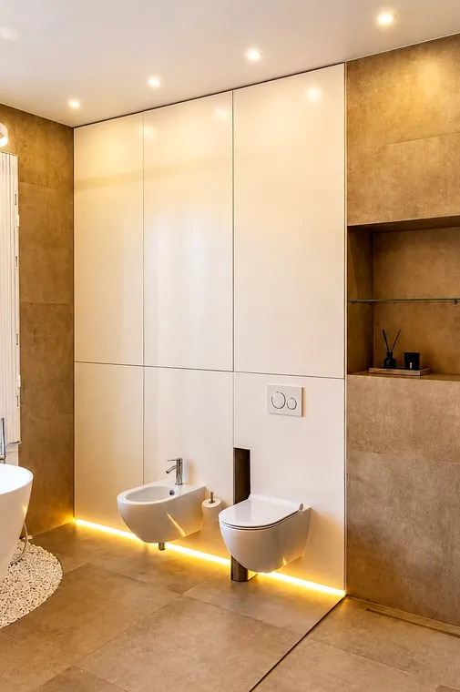 Wandverkleidung mit Stauraum, WC und Bidet