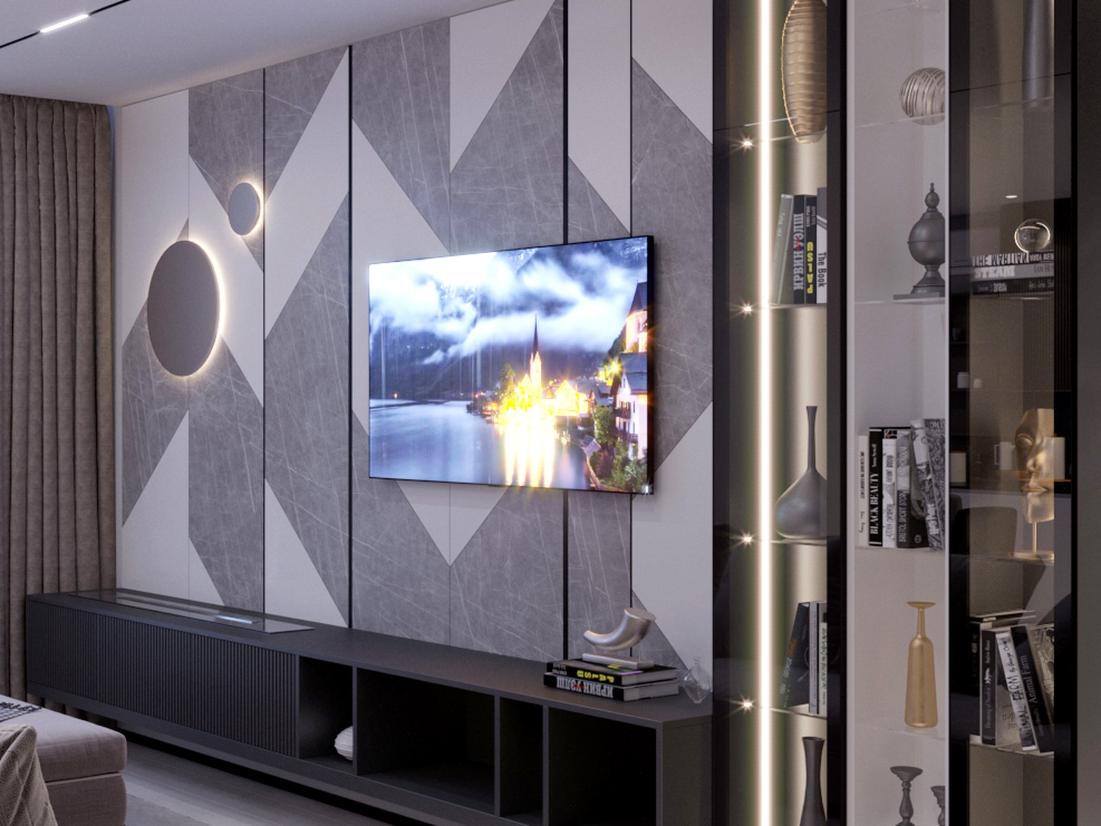 Entwurf: TV-Wand mit Wandpaneelen und Vitrinen: Entwurf und fertige Wand